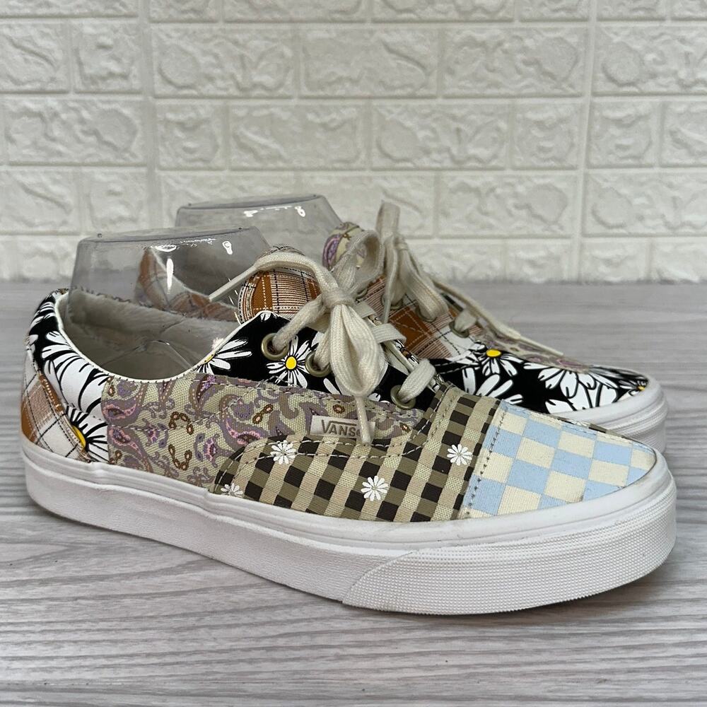 Vans Era Meadow Patchwork Shoes WMNS 7.5 Tan White Lace Up Low Top Skate Casual
